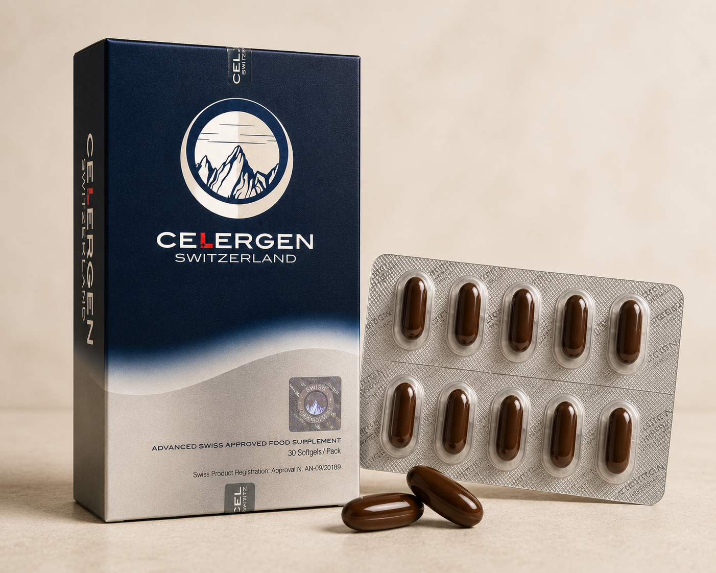 Current Celergen box with blister pack and brown softgels
