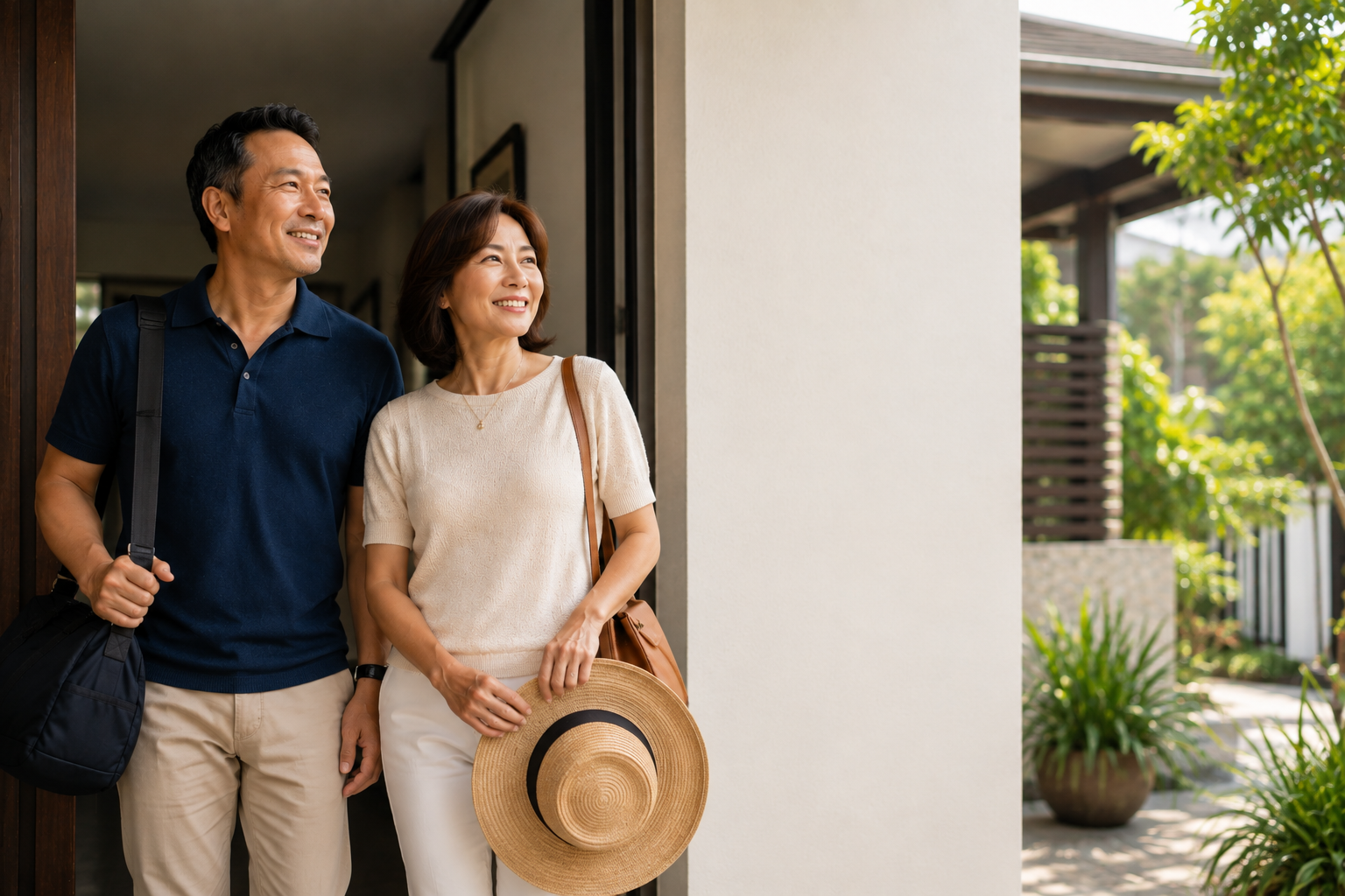 Mature Asian couple heading out together