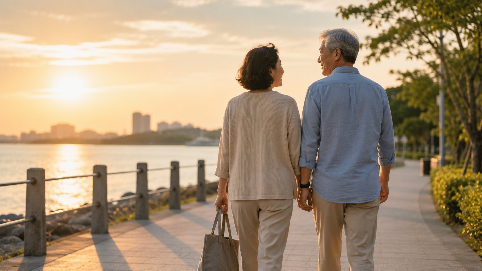 Mature Asian couple walking together in a neighbourhood