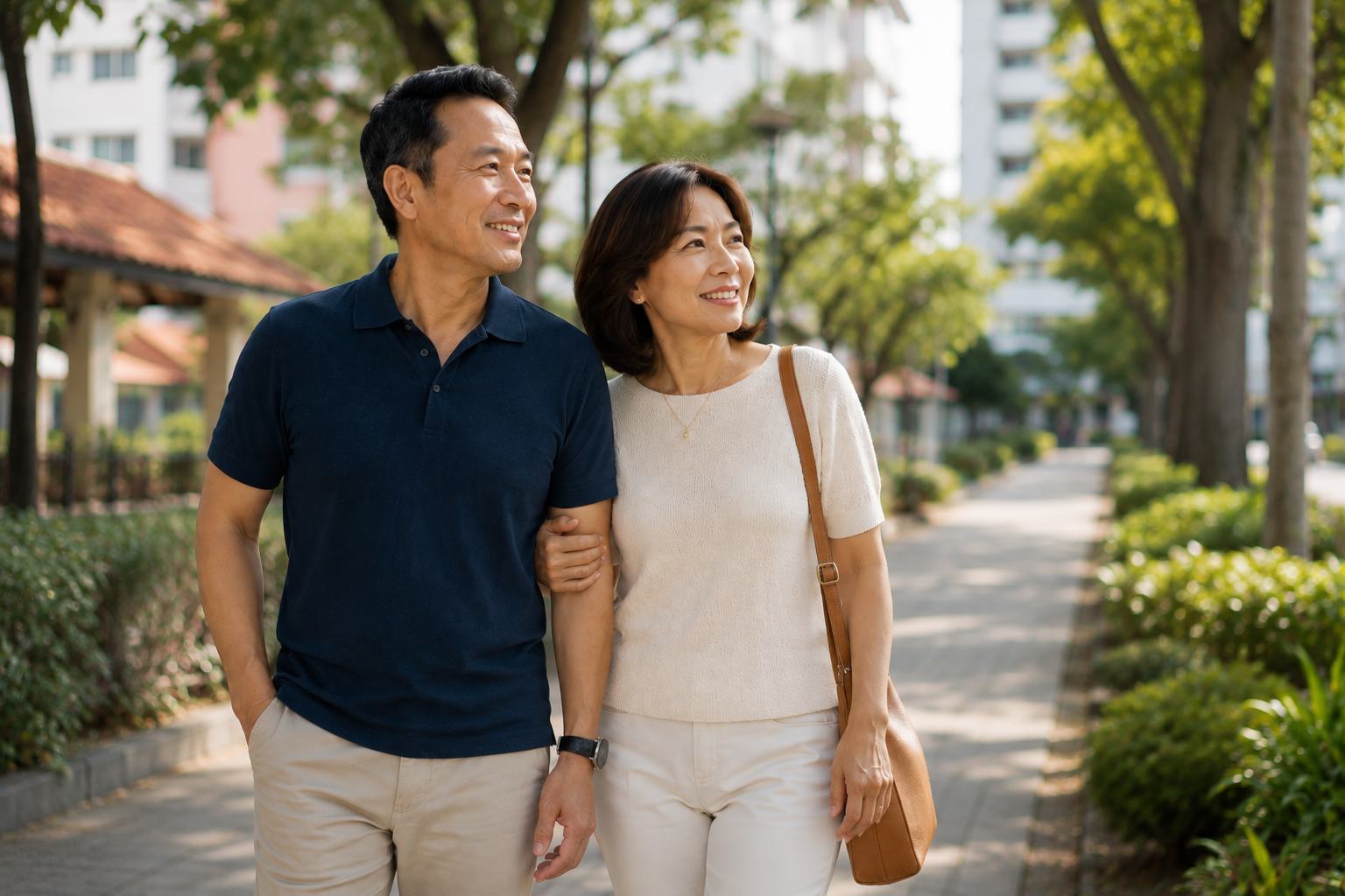Mature Asian couple walking together in a Singapore neighbourhood